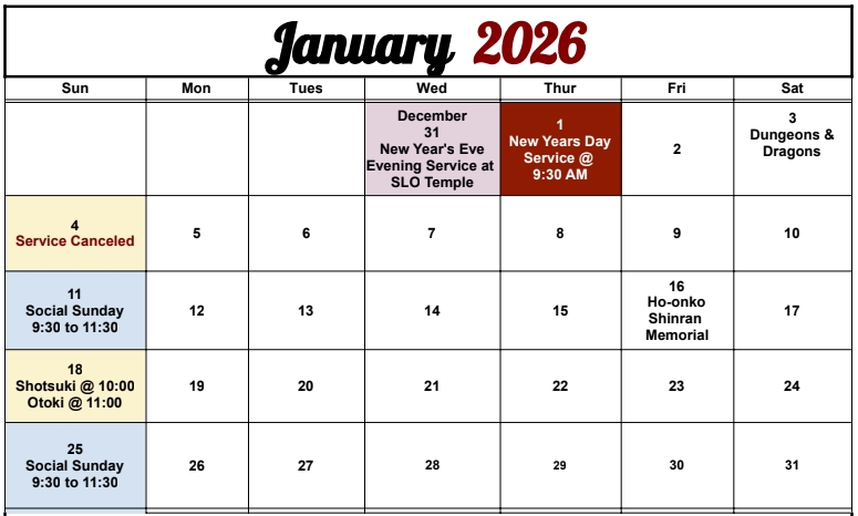 Jan 2026 Calendar